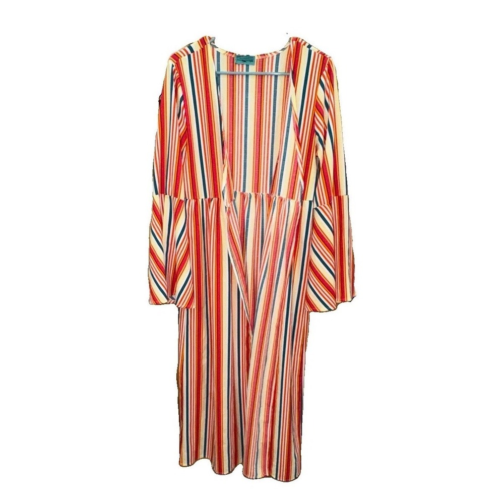 Turquoise Haven Duster Cover Up Open Stripe Flare Sleeve Sz L Boho Festival Y2K